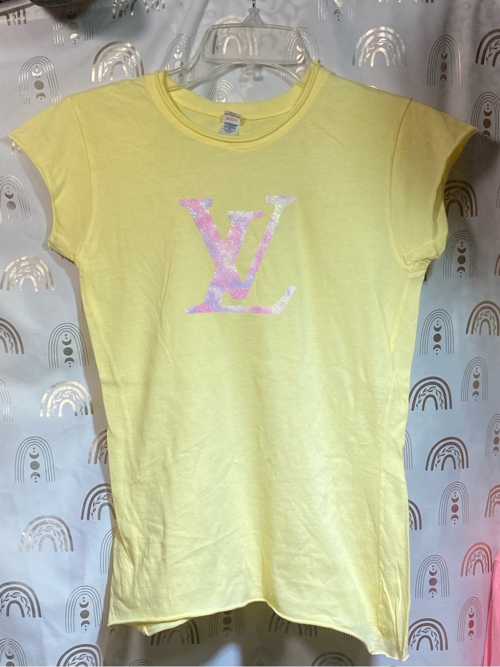Yellow Tee with Glitter LV Logo Up Cycled